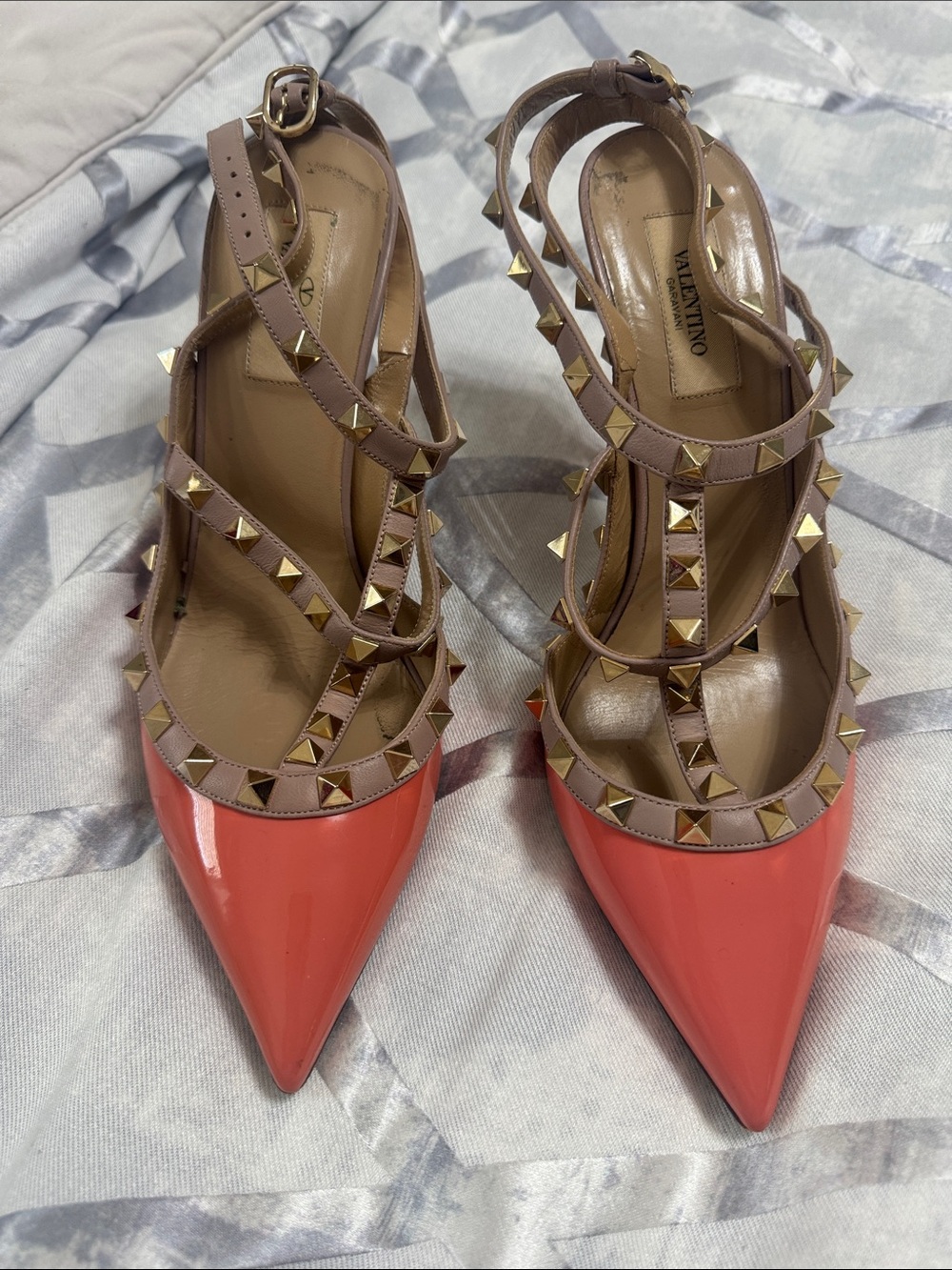 Valentino Coral Patent Pointed Toe Rockstud Slingbacks with Taupe Straps